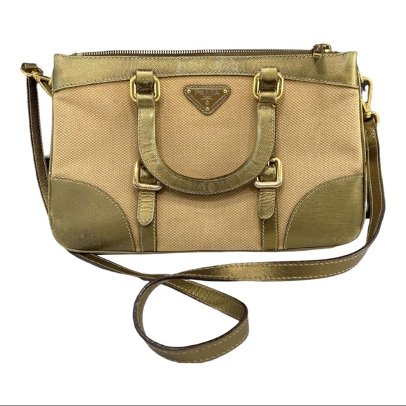 Prada Gold Saffiano & Canvas Tote Beige Leather Cross Body Bag with Entrupy - Picture 1 of 12